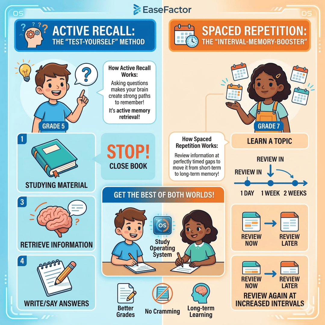 Infographic explaining Active Recall and Spaced Repetition study techniques for students