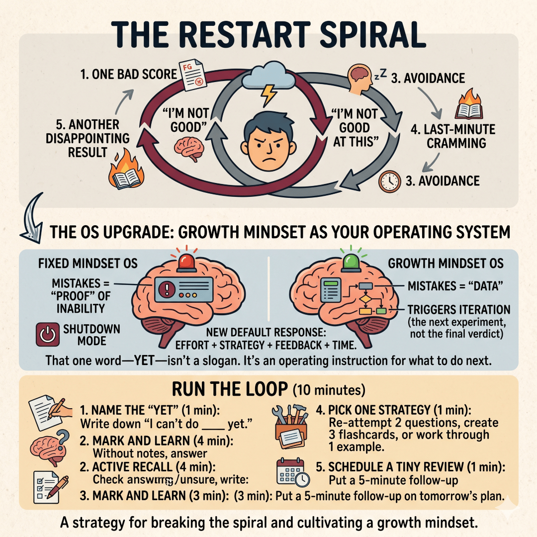 Growth mindset as an operating system that treats mistakes as data (triggering iteration) rather than proof (triggering shutdown)