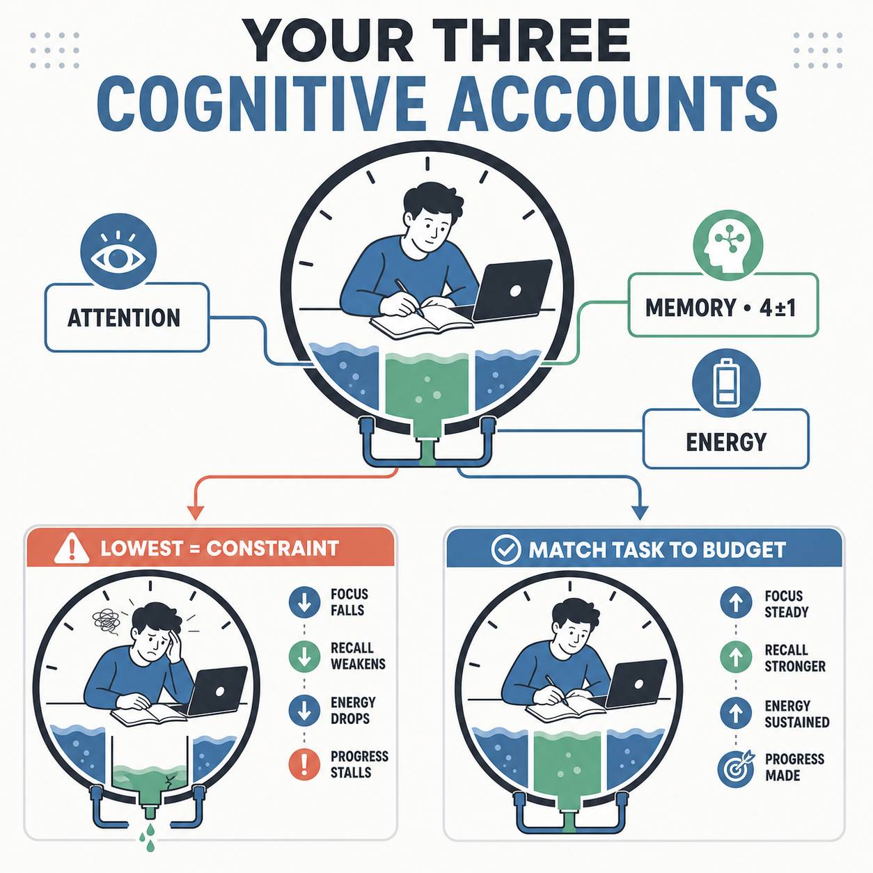 The Three-Account Cognitive Budget - treating mental resources like financial accounts with deposits, withdrawals, and a balance that determines whether a study session builds knowledge or builds frustration