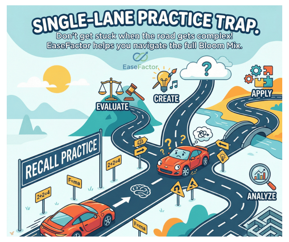 The Single-Lane Practice Trap - practicing only one question type (recall) leaves students unable to handle higher-order thinking demands
