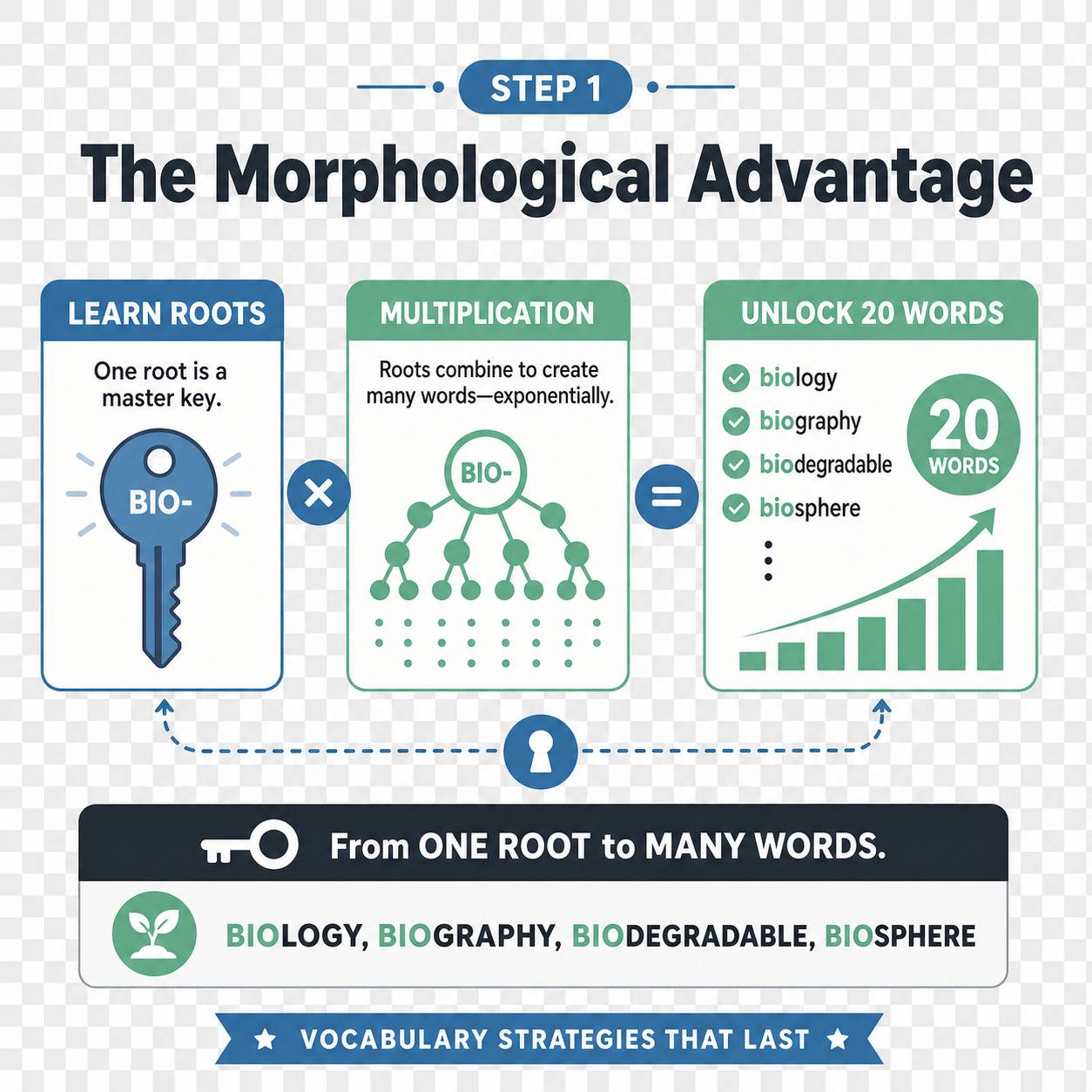 Infographic illustrating the vocabulary learning framework with morphological mapping, showing how word roots unlock entire word families through retrieval practice and spaced repetition