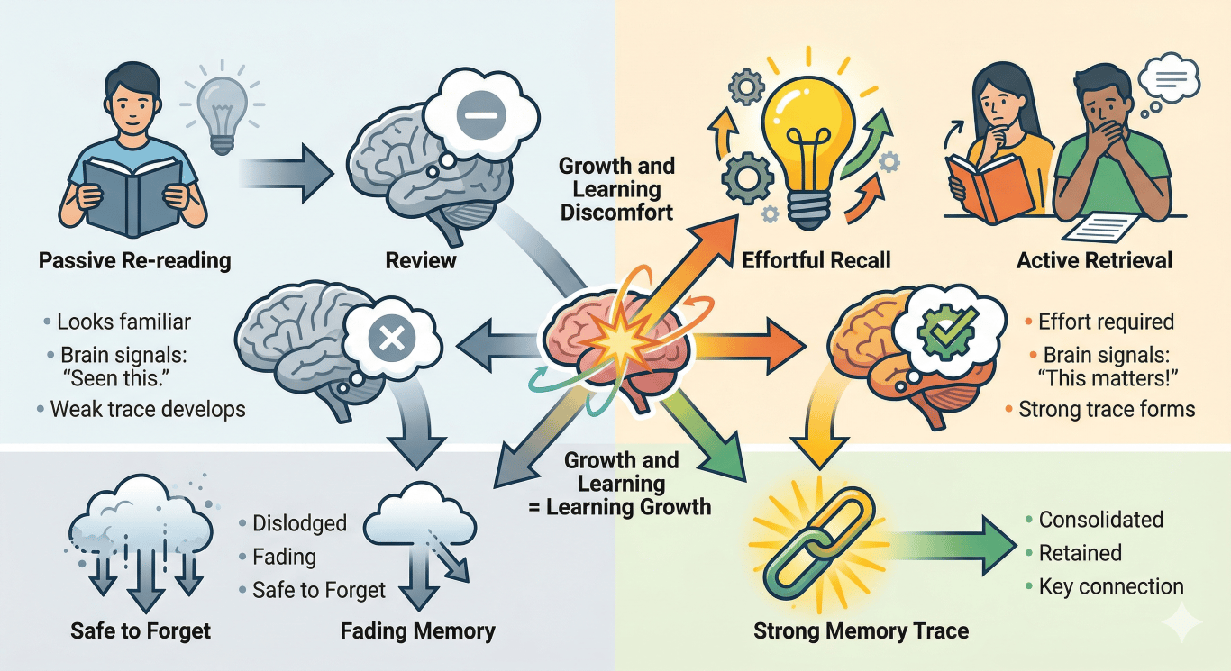 An infographic that explains how actively trying to recall information strengthens memory more effectively than just re-reading it.