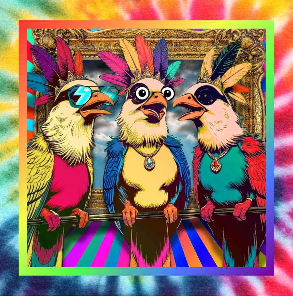 three drag queen birds on a wire gossipping