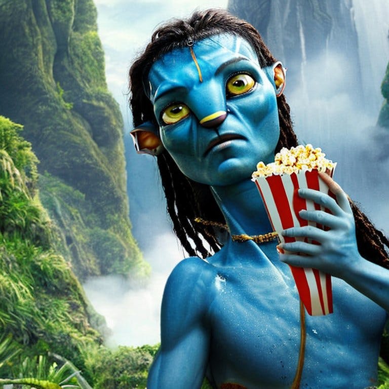 A character from Avatar eating popcorn.