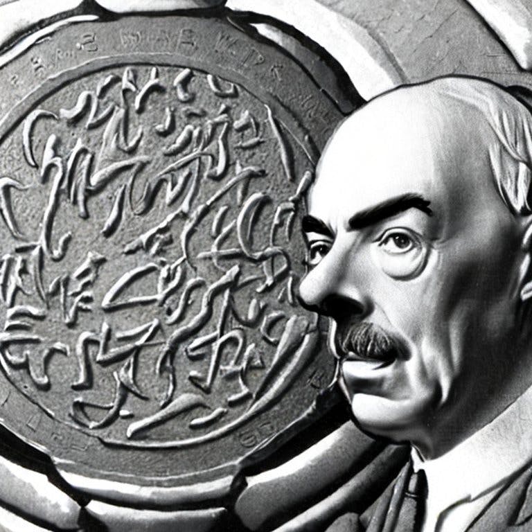 An AI drawing of Keynes and a giant coin.