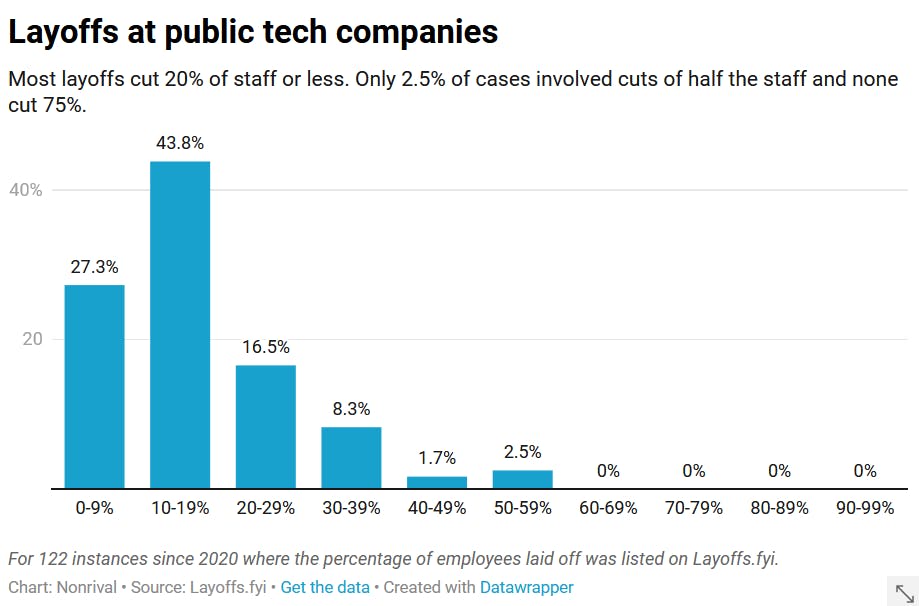 A chart shows most layoffs at tech companies were 20% of staff.