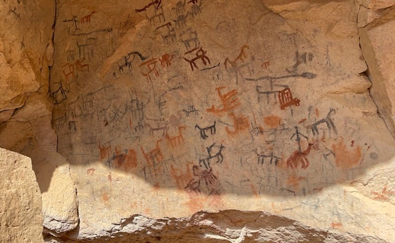 Cave paintings | from: Ha'il [northwest of the Arabian Peninsula]. This Prehistoric rock art show people and fighters armed with spears or swords, and hunters chasing prey such as camels, deer, and perhaps some wild bulls, in addition to some symbols.
* I did not put the exact location of the cave because I fear that it will be vandalized. To get the exact location, please contact me by email: rabah.sq@gmail.com