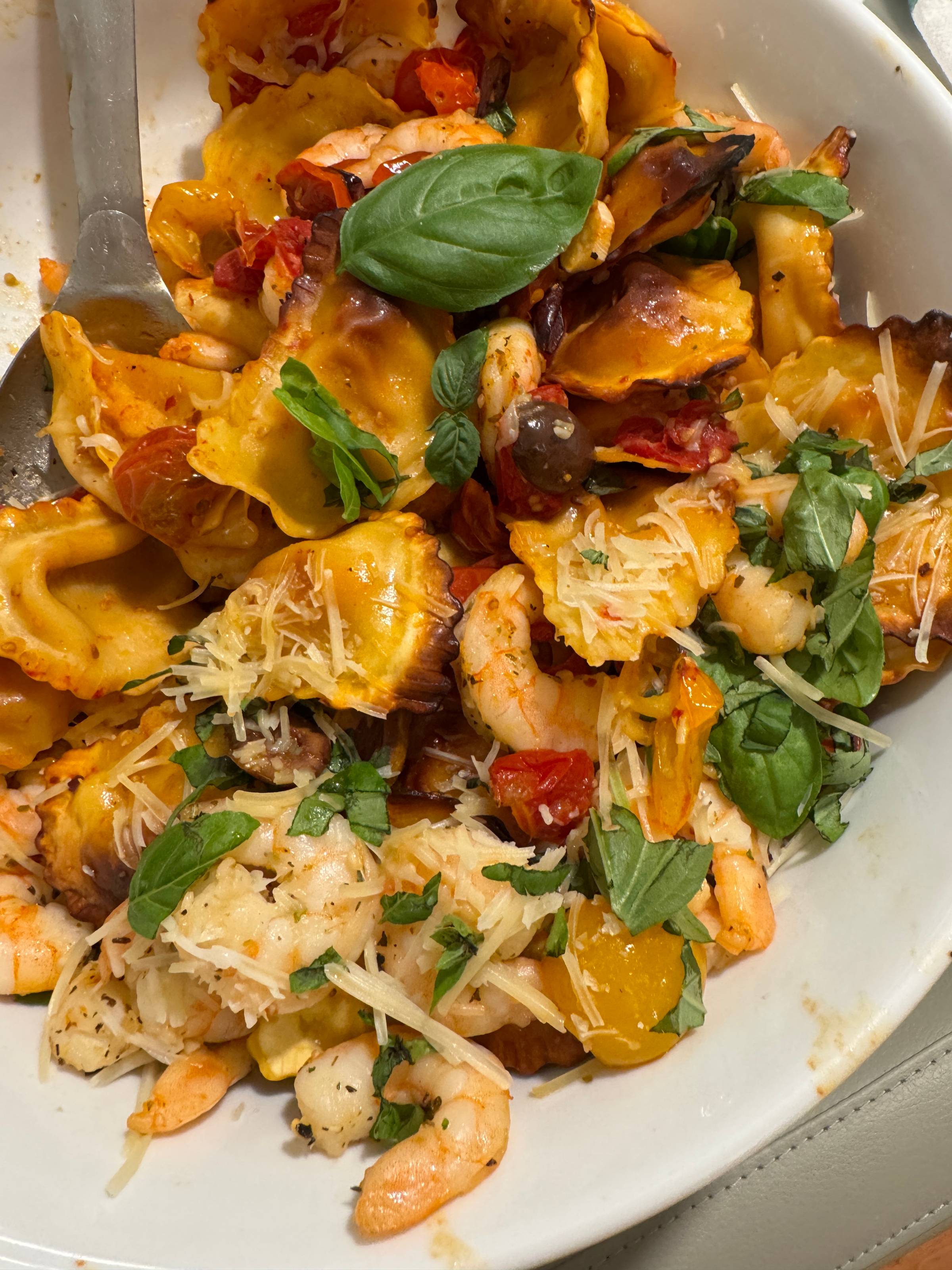 Sheet Pan Tortellini with Shrimp, Tomatoes, Olives and Basil, a good enough meal.