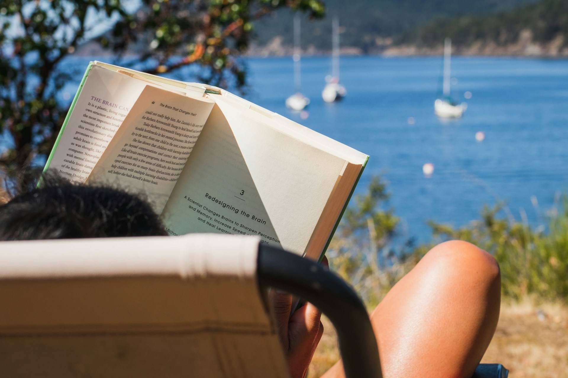 A midlife woman in summer, reading a book by a lake.