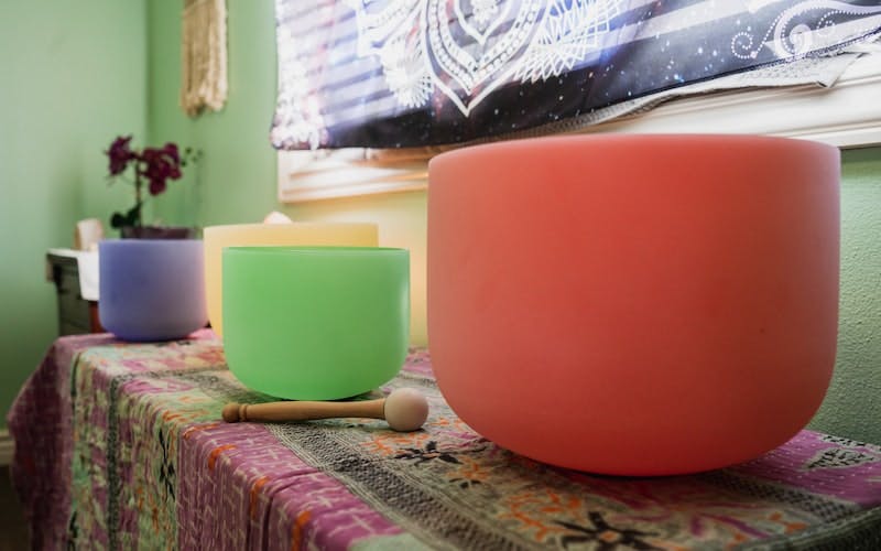 Crystal healing energy bowls used for meditation and Reiki.