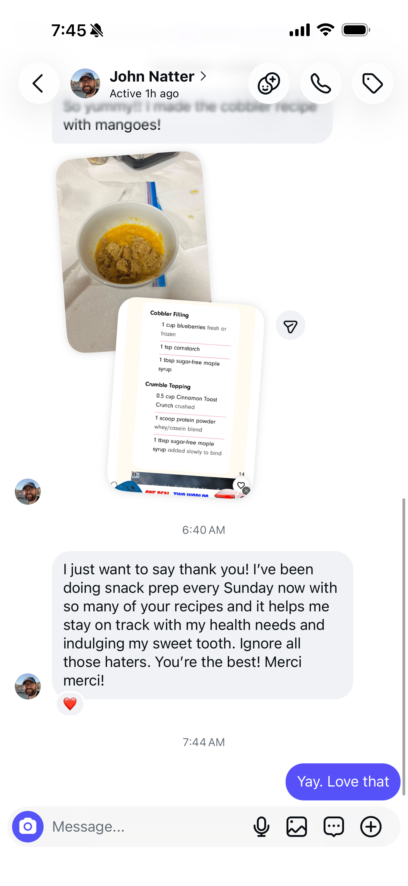 John Natter’s message and photo of his mango cinnamon cobbler