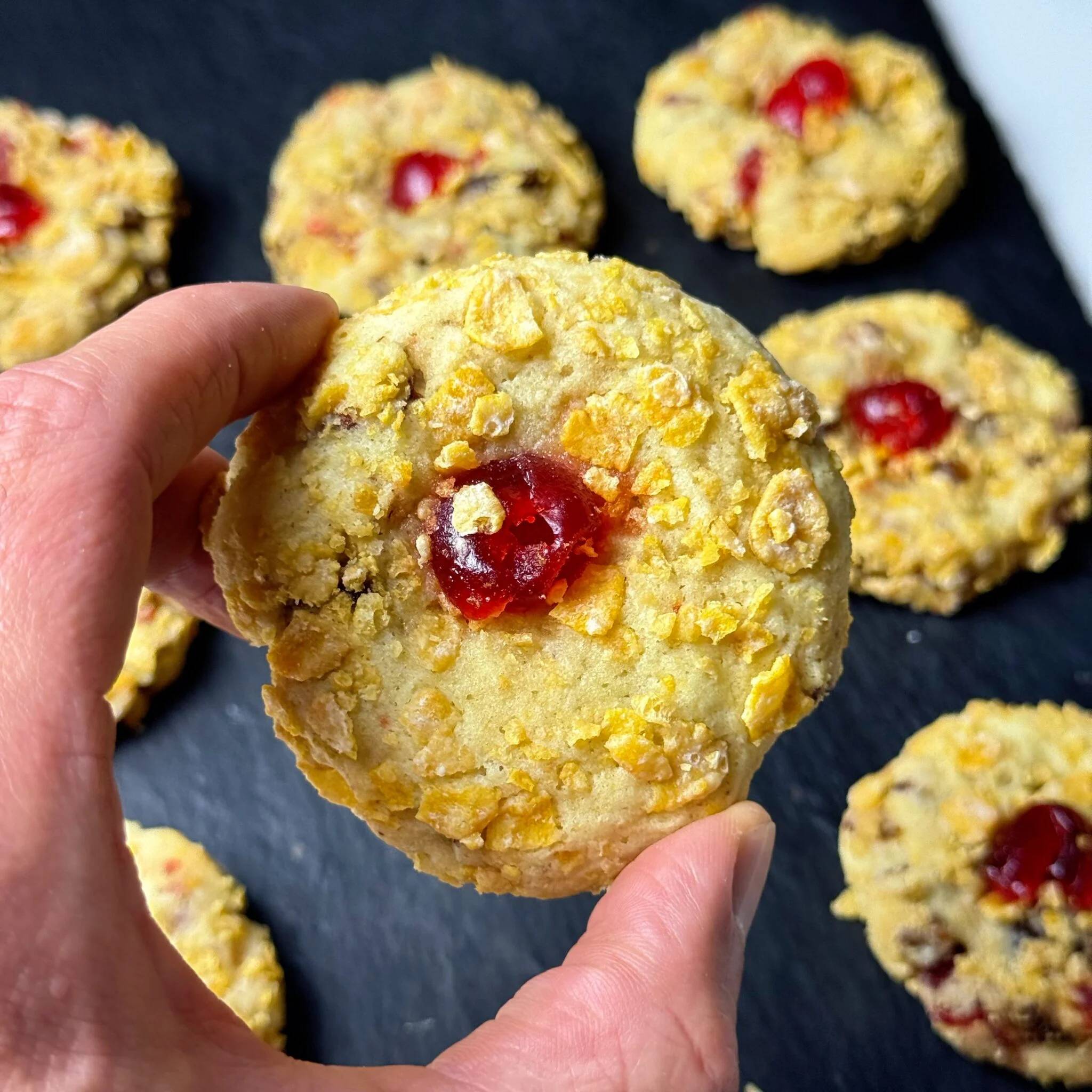 009 Cherry Wink Cookies — cornflake-coated cookies with candied cherries