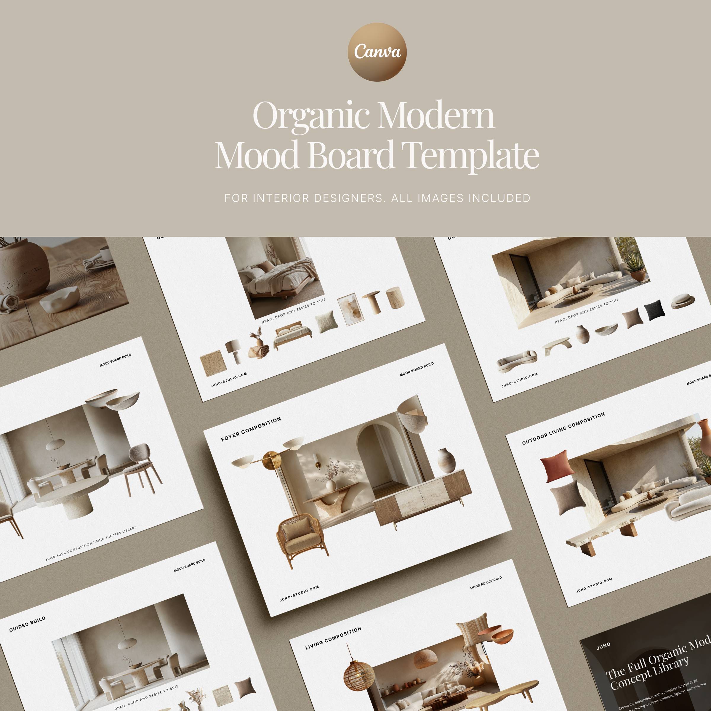 Organic Modern Mood Board Template | Canva Interior Design System (17 Slides)