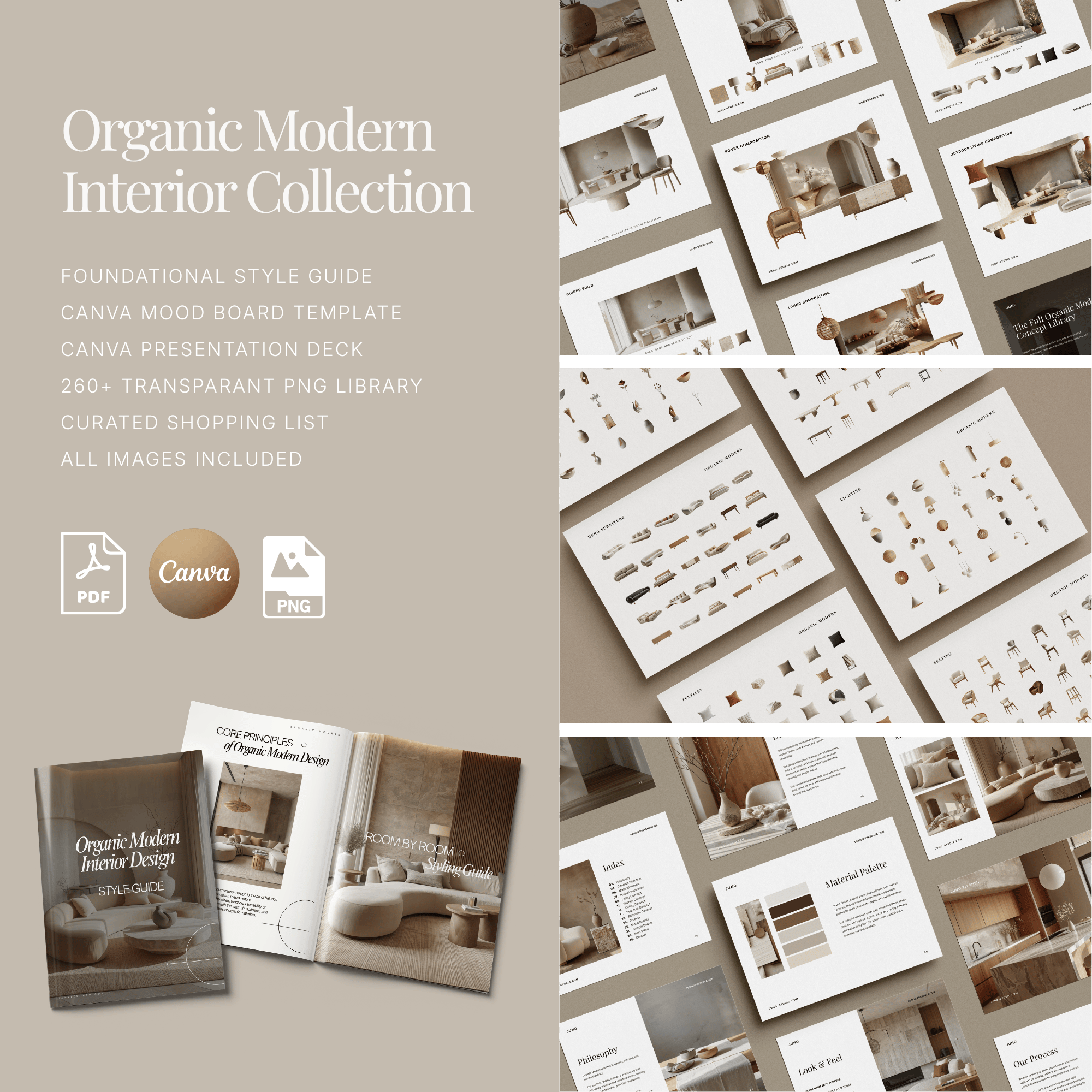Organic Modern Interior Design Bundle | Style Guide, Mood Board, FF&E (PDF, Canva)