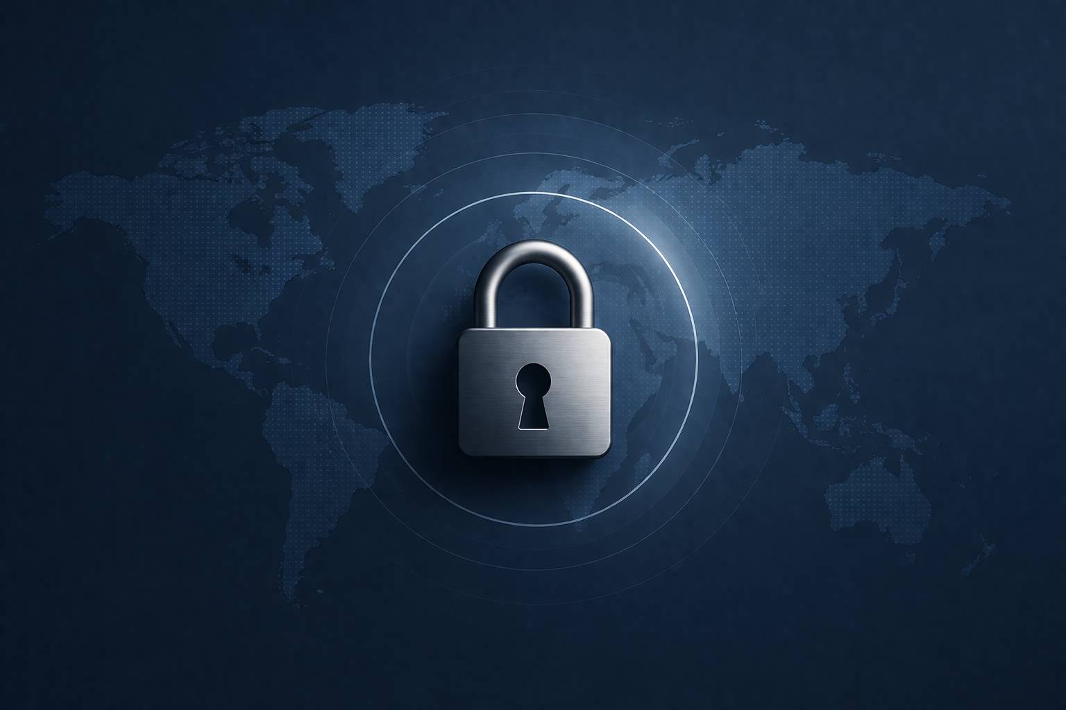 Centered metallic padlock over a dark blue world map background with subtle circular rings, representing secure international exchange of real estate information.