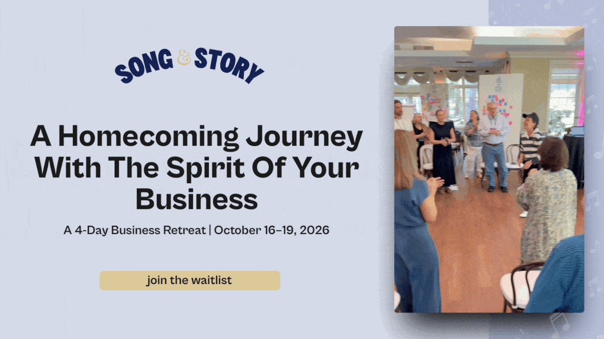 Animated promotional graphic for Song & Story, a 4-day business retreat with Tarzan Kay. The GIF features event details alongside video clips of participants singing and connecting in community, inviting entrepreneurs to join the waitlist.