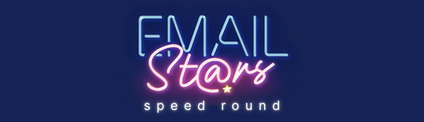Email Stars logo in neon light style font  on a dark blue background with "speed round" in text beneath it
