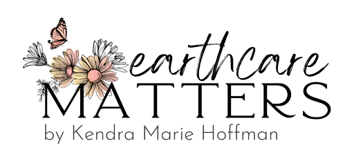 Earth Matters logo by Kendra Marie Hoffman featuring illustrated flowers and butterflies, representing nature-inspired creativity, sustainability, and environmental storytelling.