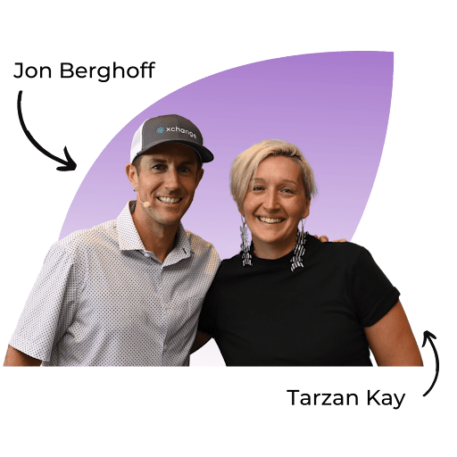 Jon Berghoff and Tarzan Kay smiling together against a purple gradient background, representing collaboration between the founder of XCHANGE and a storytelling-focused entrepreneur.