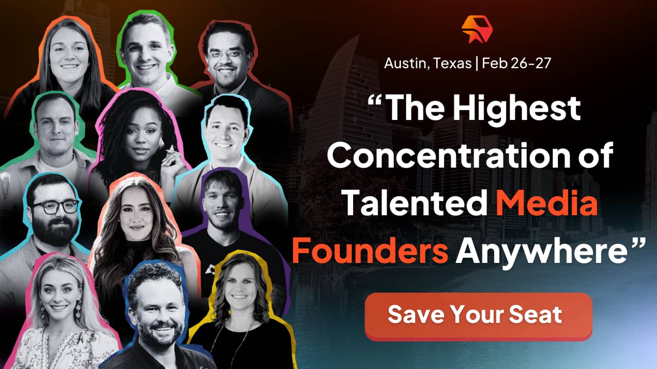 Promotional graphic for the New Media Summit featuring headshots of multiple speakers arranged in a collage on the left. The background shows a city skyline and water. Text on the right reads: “Austin, Texas | Feb 26–27” and “The Highest Concentration of 