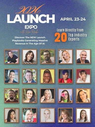Promotional poster for WDC Launch Expo by Ron Reich, happening April 23–24, featuring 20 top industry experts and headshots of speakers, focused on AI-driven revenue growth and modern business playbooks.