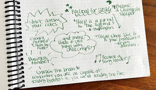 Handwritten notes in green ink on a dotted spiral notebook page, outlining personal goals for 2024 including 'become a champion sleeper,' 'start dating your notes,' and 'make loads of cool mixes with chili crisp,' along with motivational quotes and themes like business mindset and evening movement rituals.