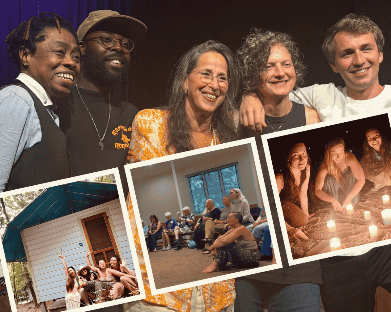 Collage of smiling people gathered at community events, featuring group conversations, outdoor activities, and a candlelit gathering focused on connection and shared experiences.