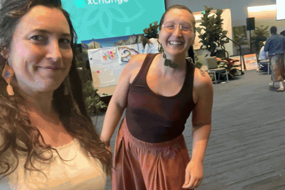 Animated GIF slideshow of moments from a retreat and the Transformation by Design Summit: friends laughing together outside a cabin, a panel discussion on stage during the Mo McKenna Award presentation, attendees gathered for an intimate group workshop, and three women posing together in a doorway at night.