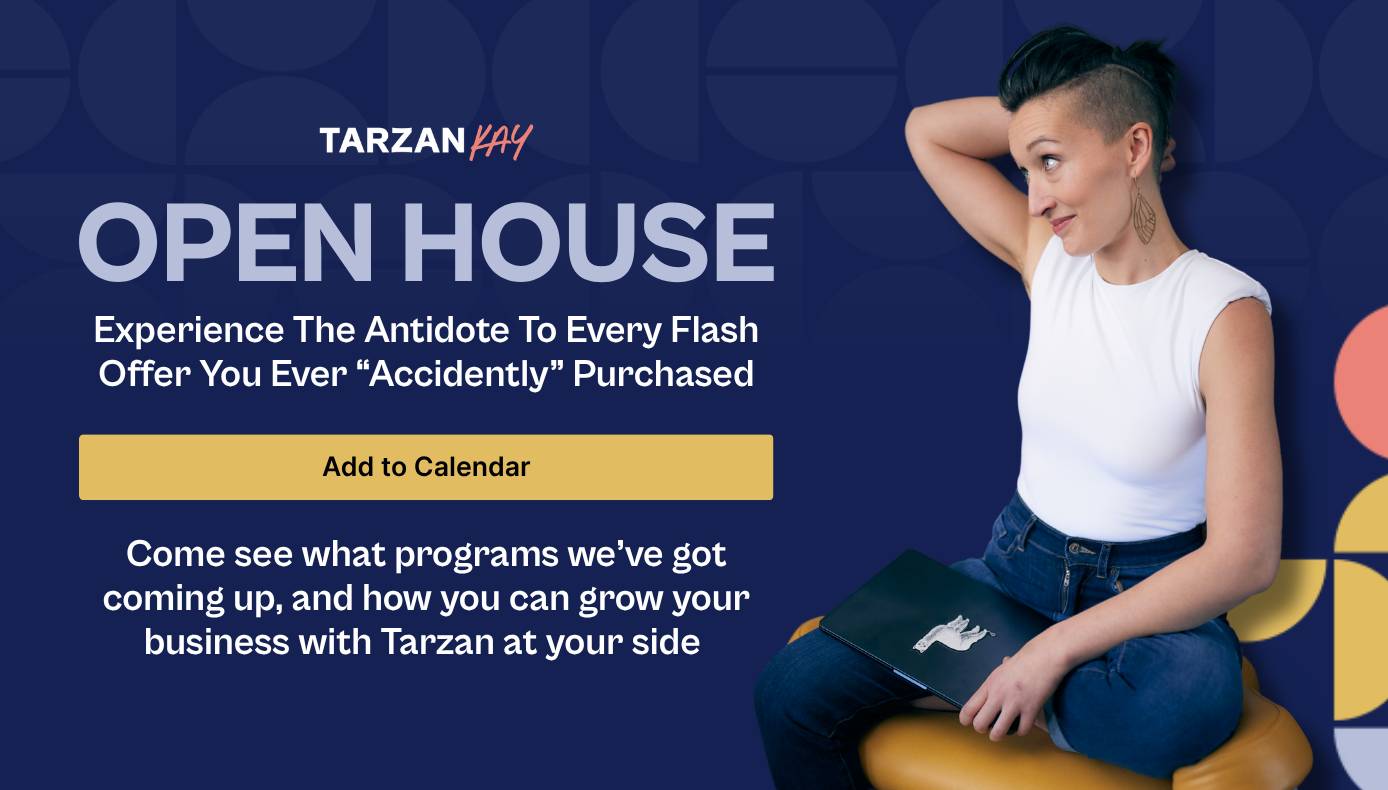 Tarzan Kay Open House promotional banner featuring the entrepreneur seated with a laptop, inviting business owners to discover upcoming programs, sustainable business growth strategies, and alternatives to impulsive online marketing offers.
