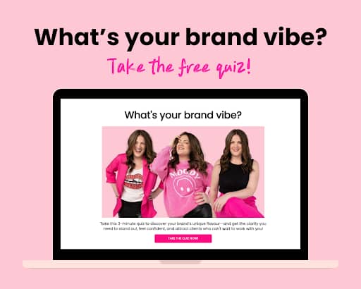 Promotional graphic asking 'What’s your brand vibe?' with a call to take a free quiz, featuring a laptop mockup displaying three women in bold pink and black outfits representing different personal branding styles.