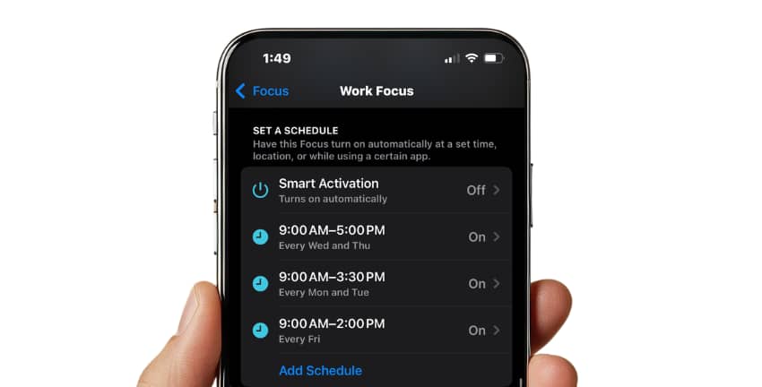 iPhone screen displaying Work Focus settings with scheduled focus times set for Monday to Friday, showing different active hours each day and Smart Activation turned off.