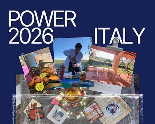 Vision board-style collage for Power 2026 Italy featuring travel, outdoor dining, creative workshops, and scenic countryside imagery, evoking a transformational retreat experience focused on connection, creativity, and intentional living in Italy.