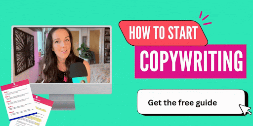 Promotional GIF with a turquoise background showing Katelyn Collins speaking into a microphone on a computer screen. The text reads 'HOW TO START COPYWRITING' in bold lettering, followed by a clickable-style button that says 'Get the free guide.' Animated cursor clicks on the button while colorful worksheets appear in the corner, promoting a free copywriting guide.