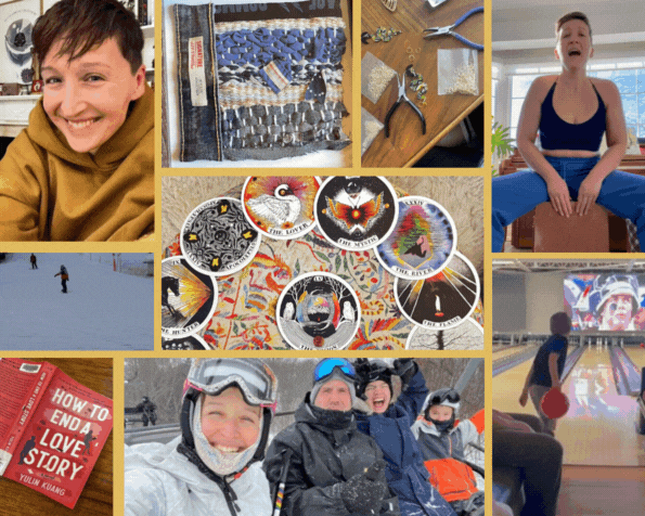 A collage arranged in a grid with yellow borders showing moments from daily life and hobbies. Images include: Tarzan smiling wearing a golden hoodie; a close-up of a woven textile sample; jewelry-making tools and small metal rings on a wooden table; Tarza