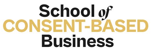 Logo for the School of Consent-Based Business featuring bold gold and black typography, representing an educational brand focused on ethical marketing, values-led entrepreneurship, and consent-based business practices.