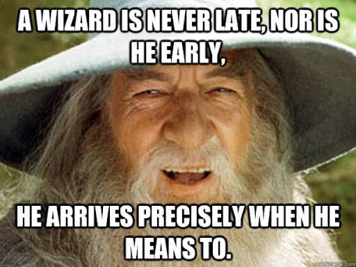 an image of Gandalf the wizard smiling.  The text reads:  a wizard is never late, nor is he early, he arrives precisely when he means to