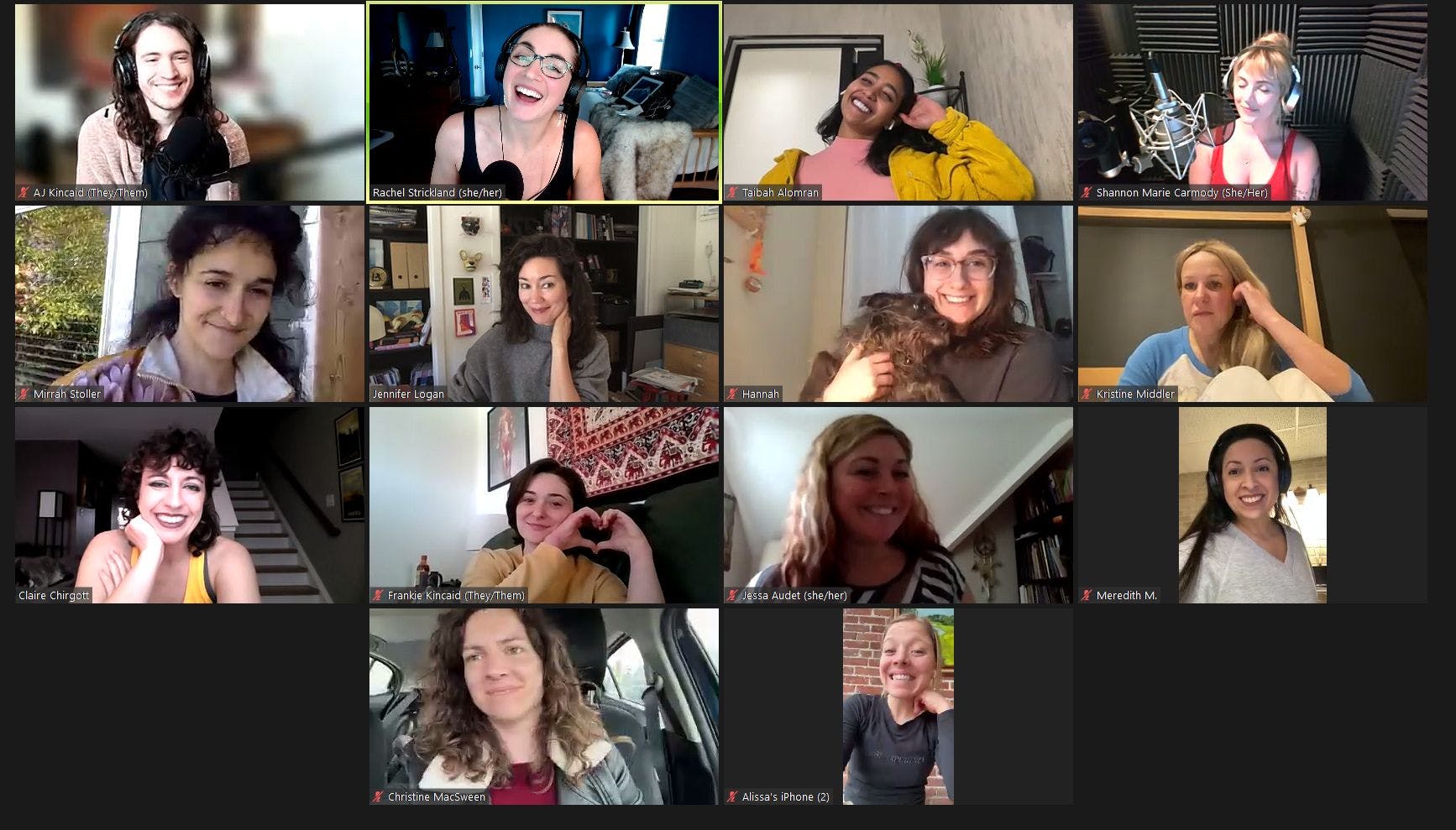 a screenshot of a zoom meeting with 14 participants in various states of smiling 