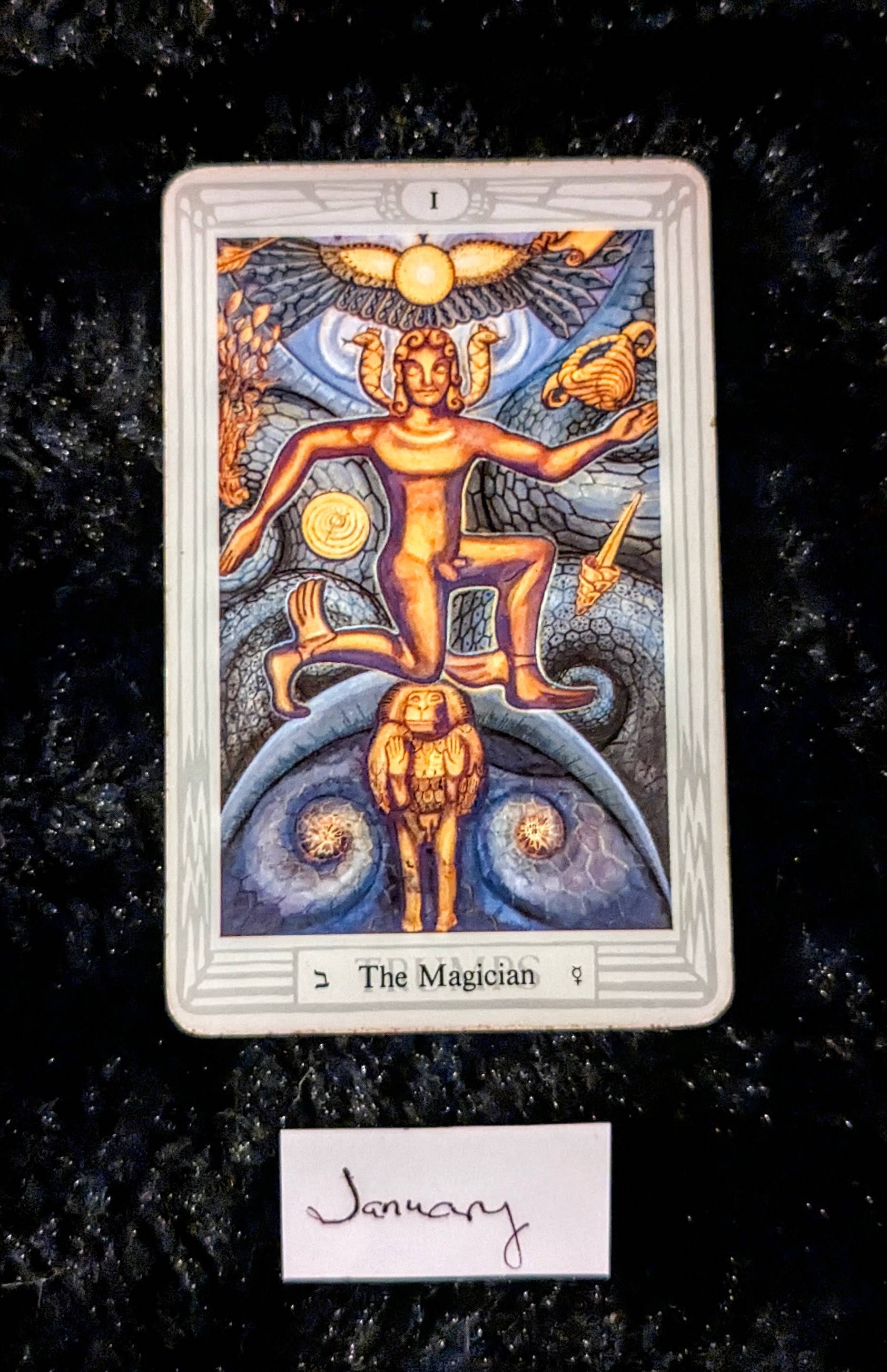 a photo of the Magician card of the major arcana in the thoth deck, on a black fur background.  Underneath the card, a handwritten slip of paper reads "January"