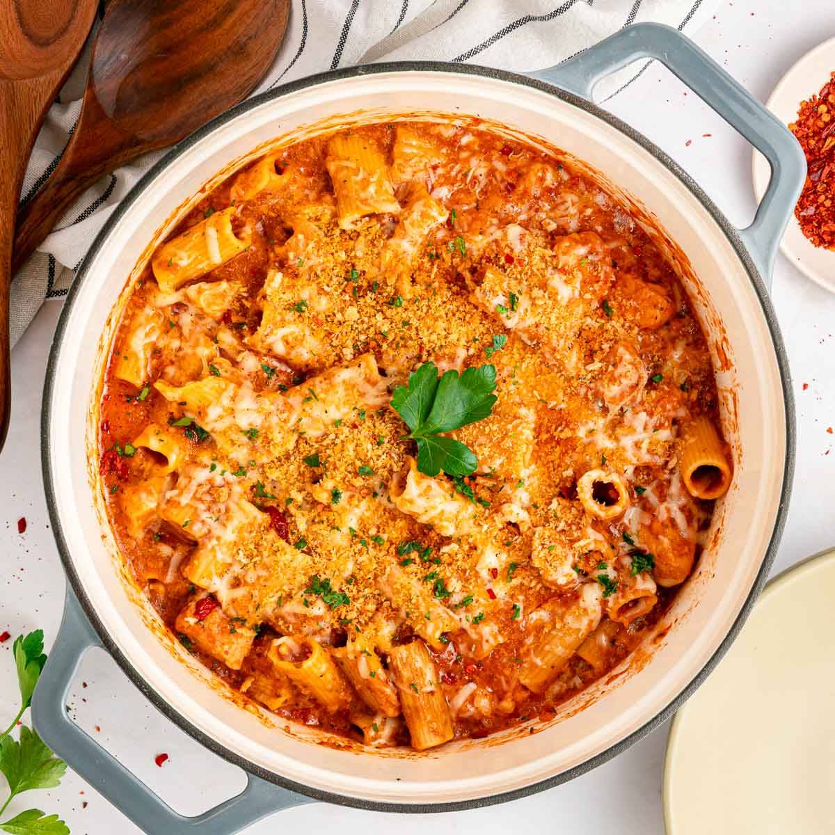 One Pot Chicken Parmesan Pasta.