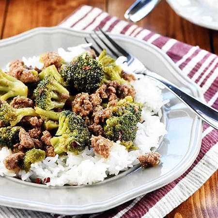 Ground beef and broccoli over rice.