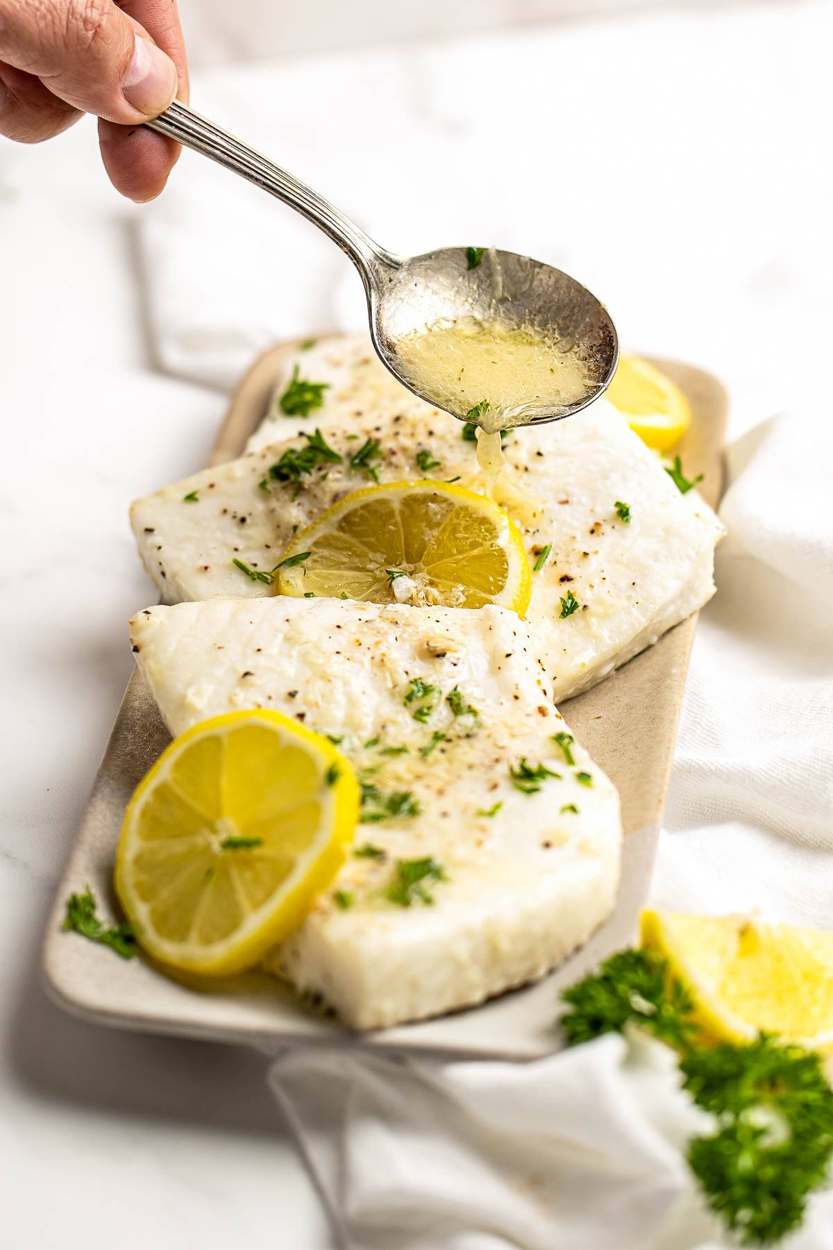 Baked halibut.