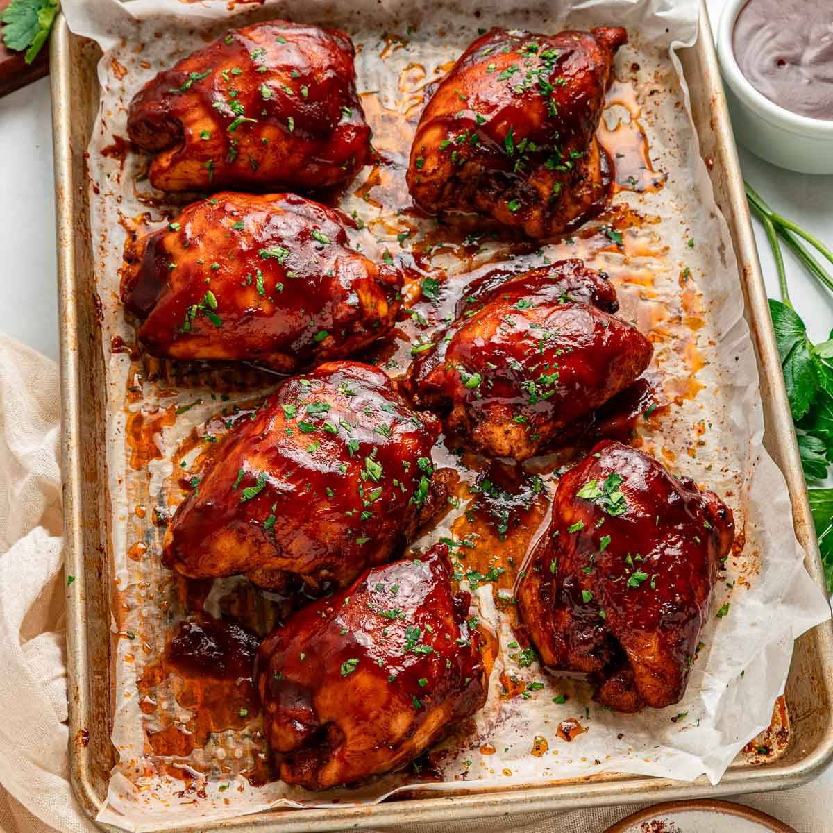 Baked BBQ chicken thighs.