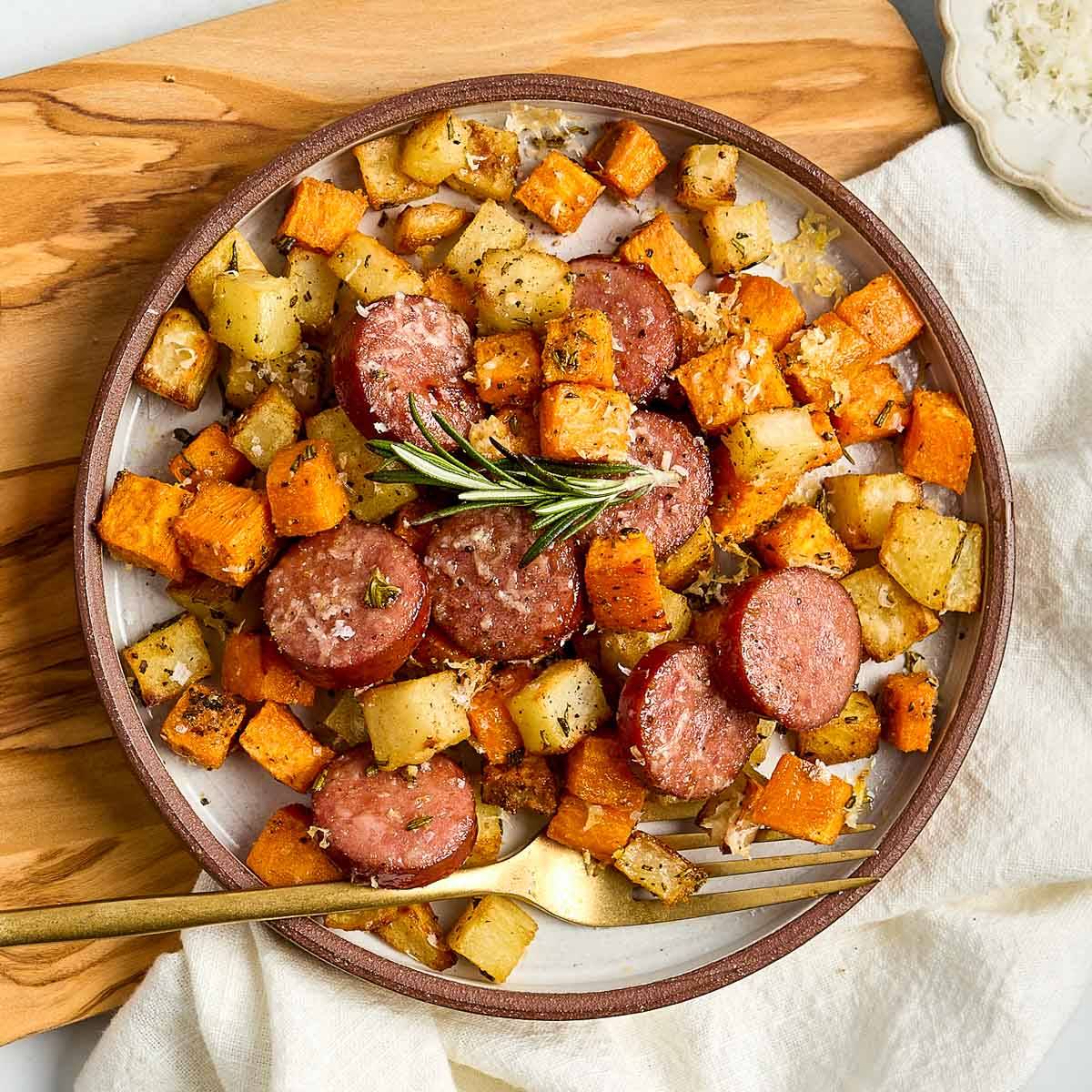 Sheet pan sausage and potatoes.