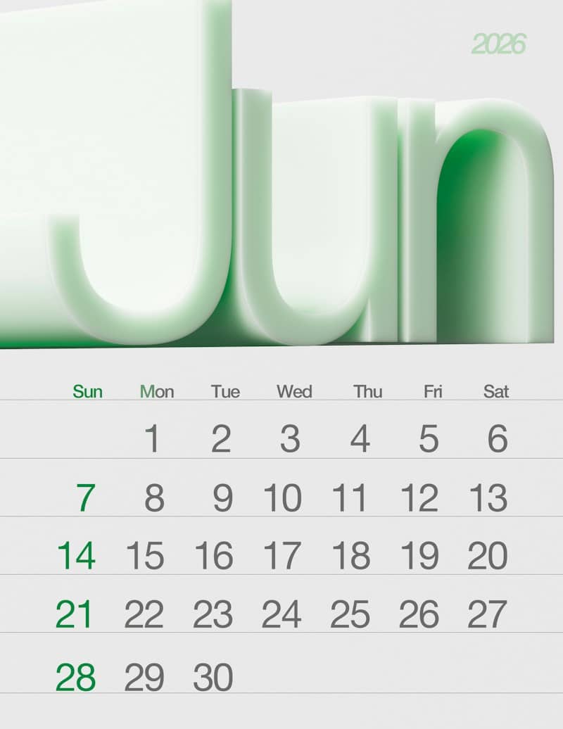Calendar for june 2026 with large pastel green letters