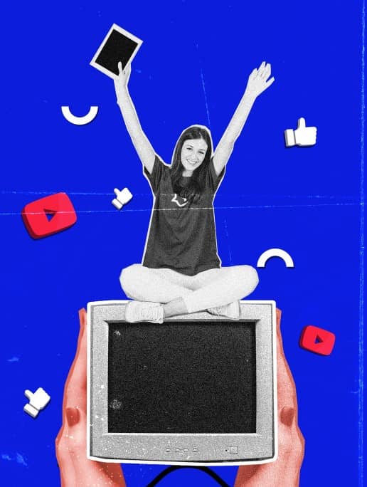 a lady atop a monitor cheering