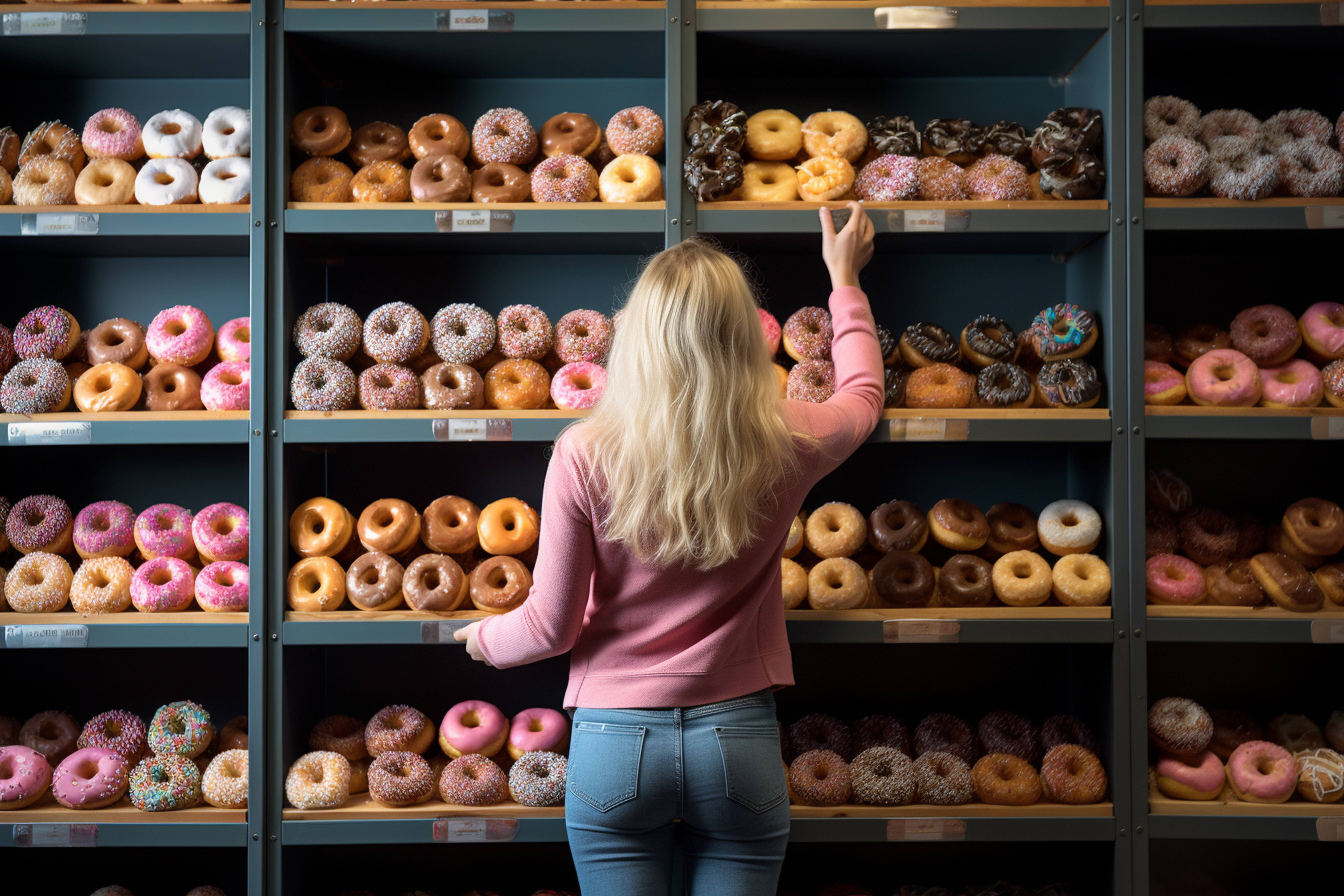 Woman standing in front of shelves of pretty colored doughnuts