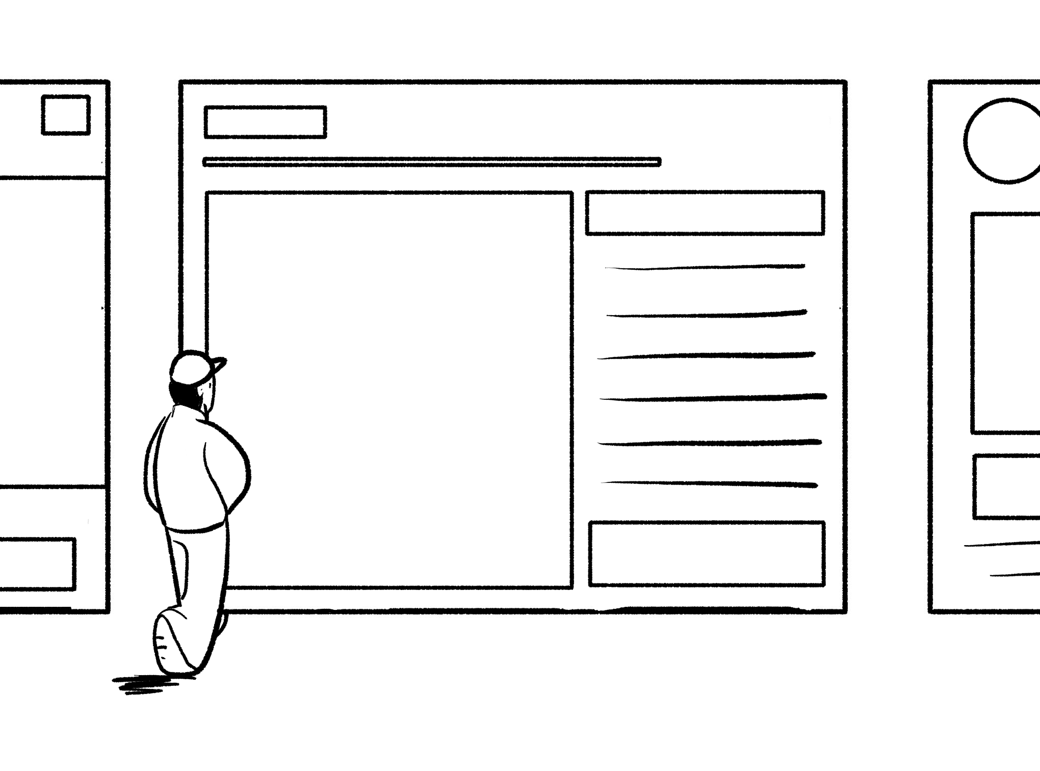 A black and white cartoon of a human approaching a website.