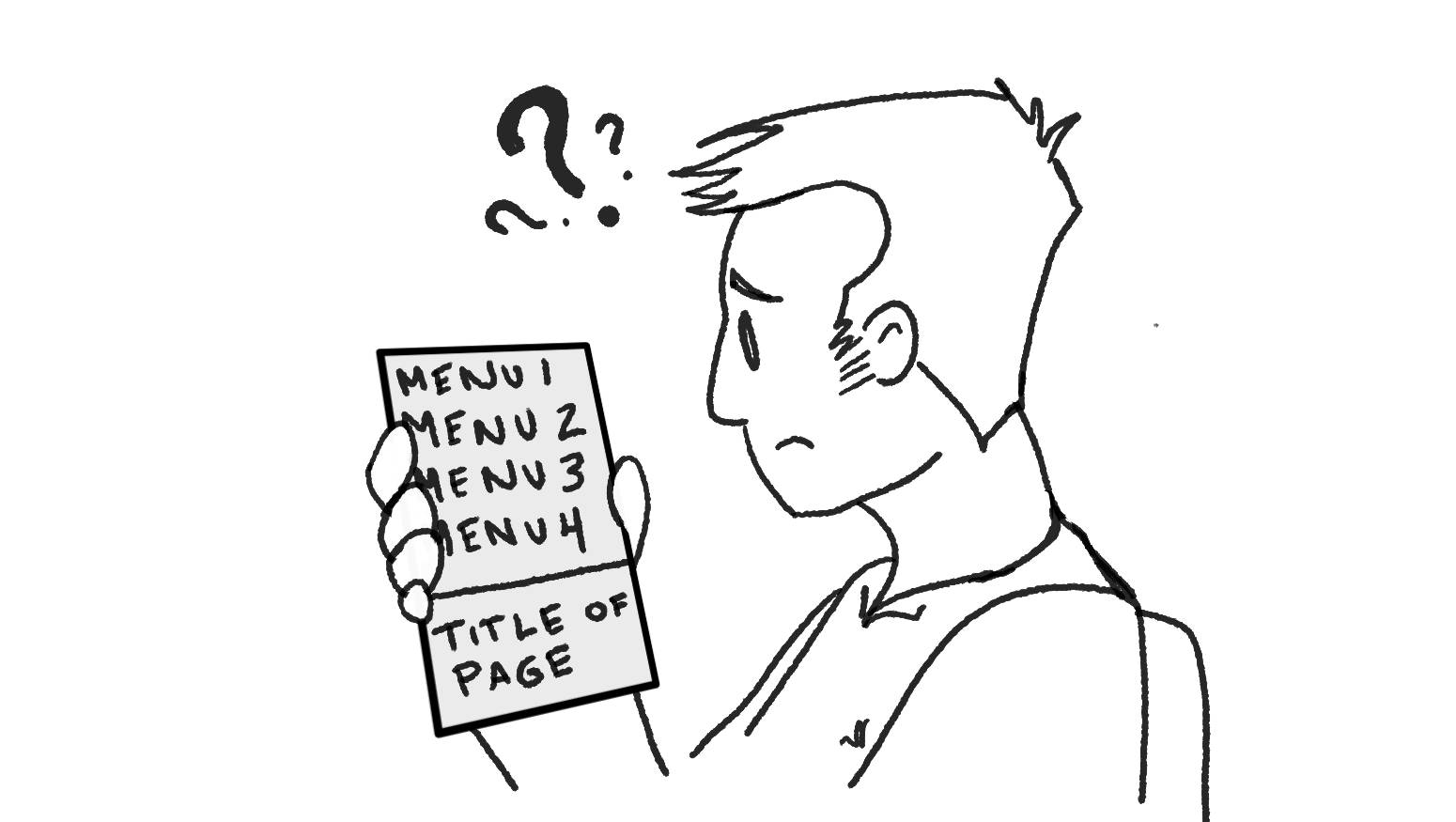 A person looks at a website on a phone, mostly consisting of a menu. Cartoon.