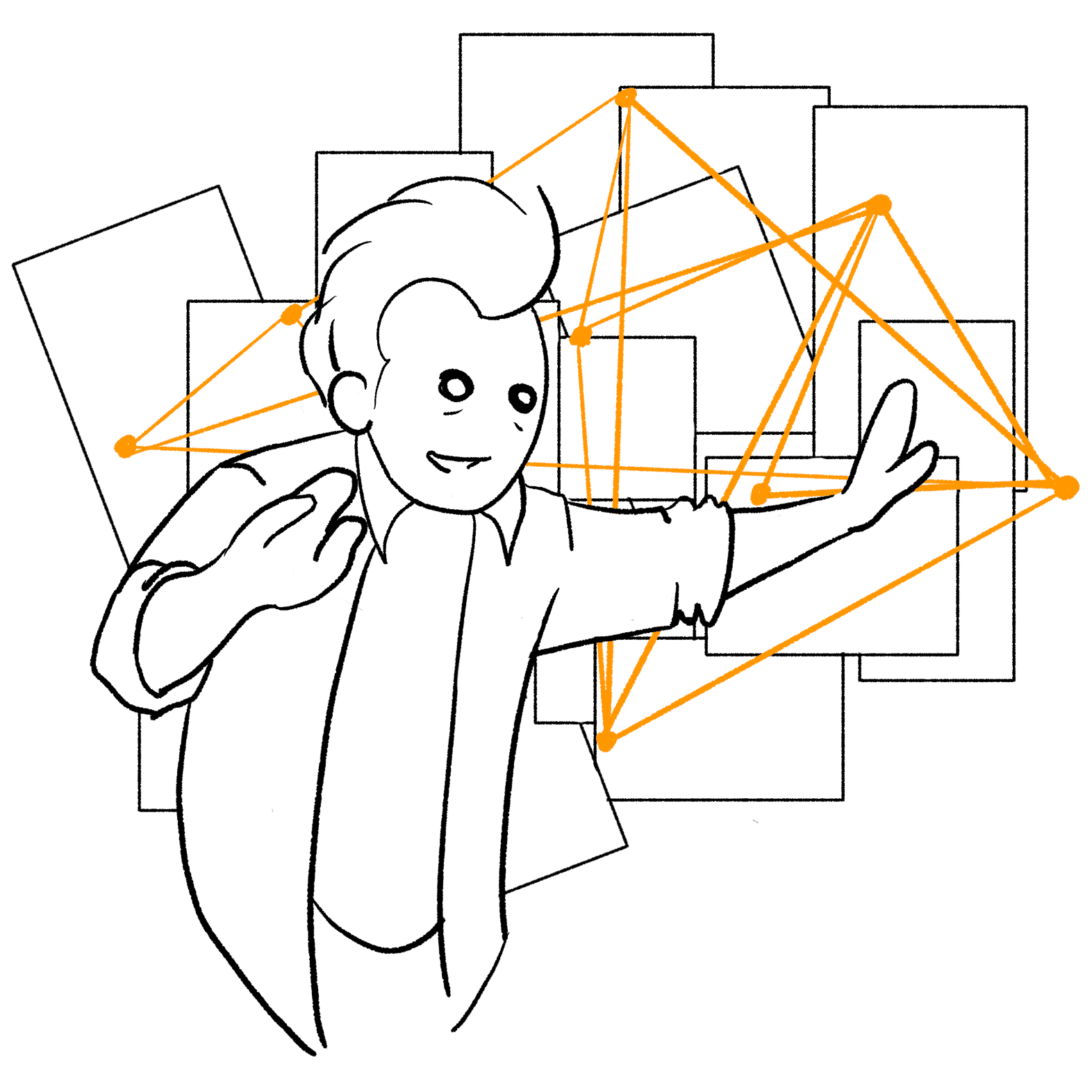 A cartoon of a frazzled looking person in front of a wall of papers linked together with orange lines.