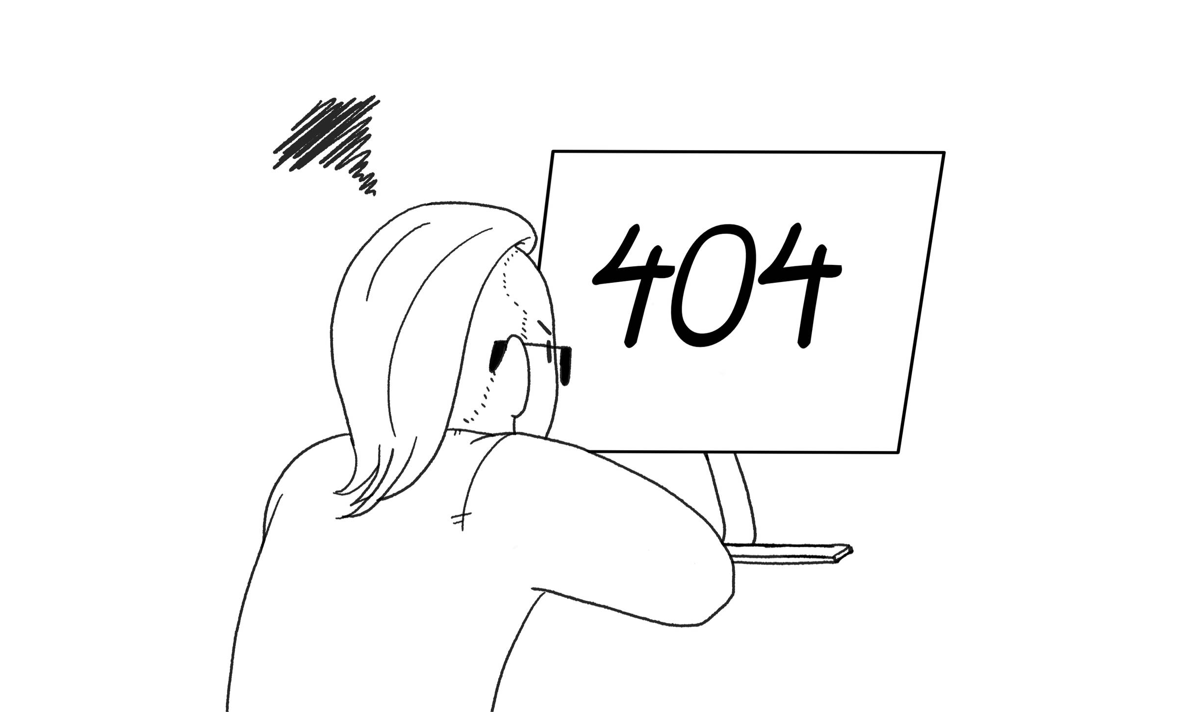 A frustrated person sits in front of a monitor displaying a 404 error. Cartoon.